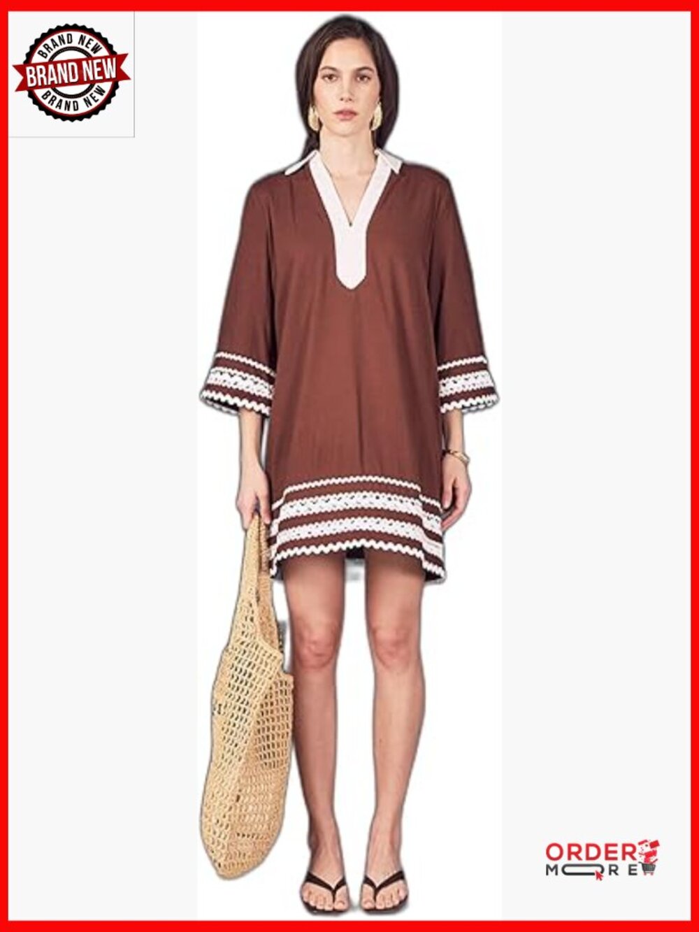 Linen Blend Ric Rac Trim Tunic Mini Dress A-Line V-Neck Cottagecore
